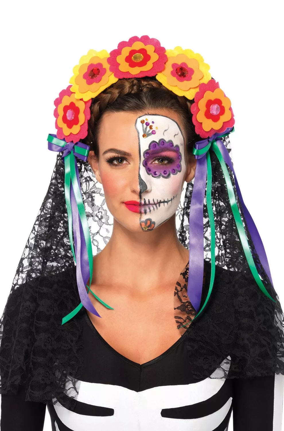 Day Of The Dead Flower Headband With Lace Veil 3 Day Of The Dead Flower Headband With Lace Veil